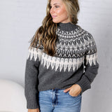 Fair Isle Knit Mock-Neck Sweater - Charcoal