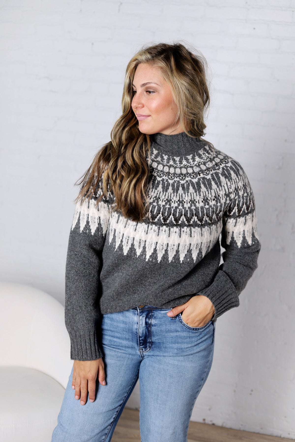 Fair Isle Knit Mock-Neck Sweater - Charcoal