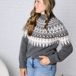 Fair Isle Knit Mock-Neck Sweater - Charcoal