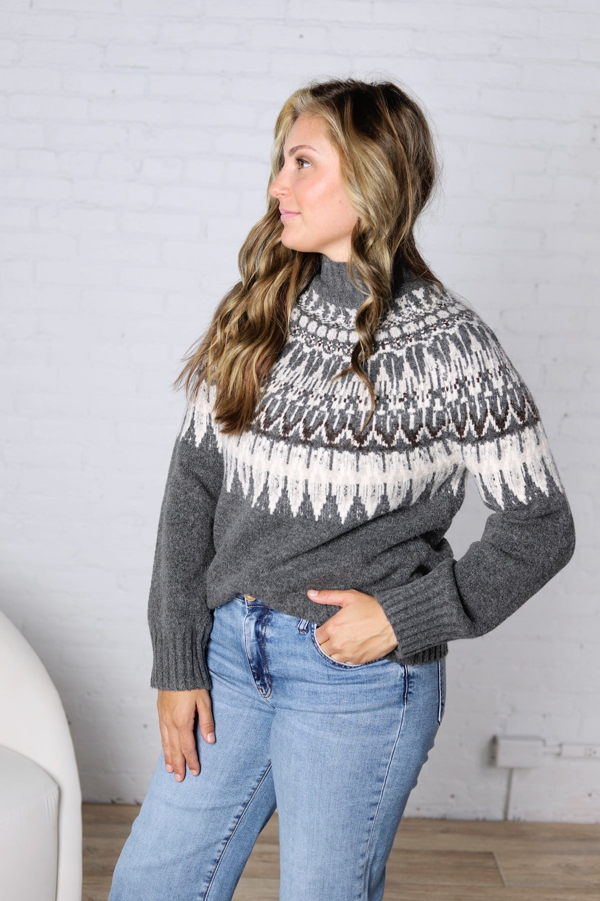 Fair Isle Knit Mock-Neck Sweater - Charcoal