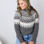Fair Isle Knit Mock-Neck Sweater - Charcoal