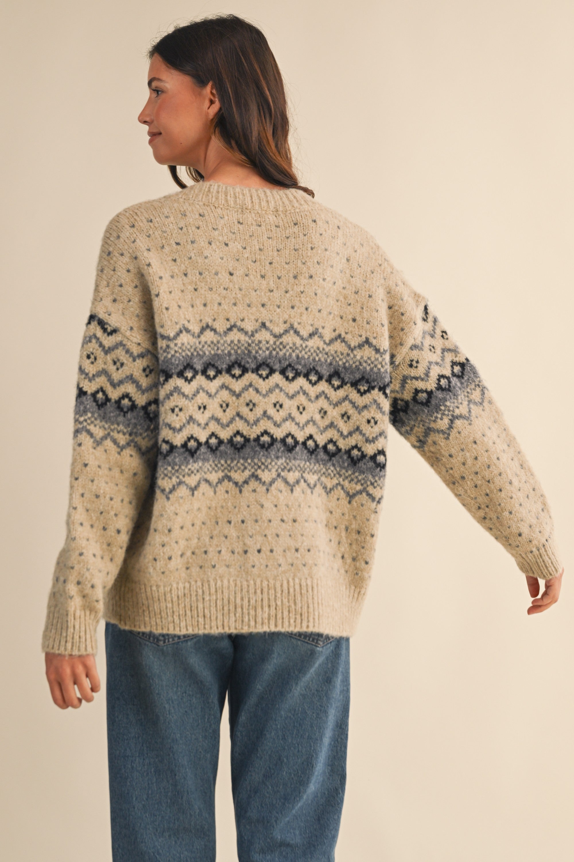Fair Isle V-Neck Loose Fit Cardigan - Latte FINAL SALE