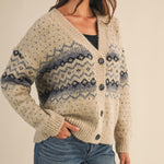 Fair Isle V-Neck Loose Fit Cardigan - Latte FINAL SALE