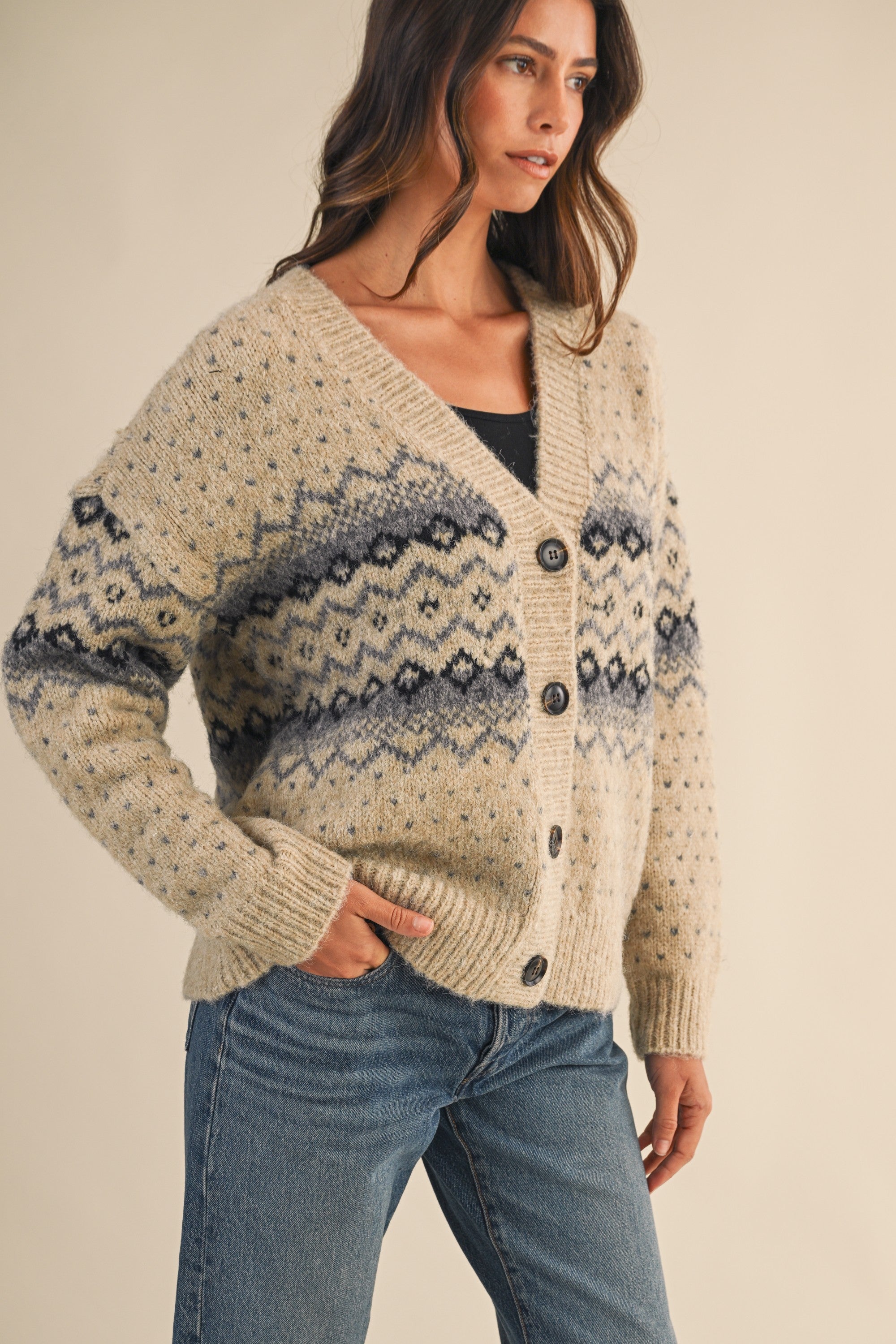 Fair Isle V-Neck Loose Fit Cardigan - Latte FINAL SALE
