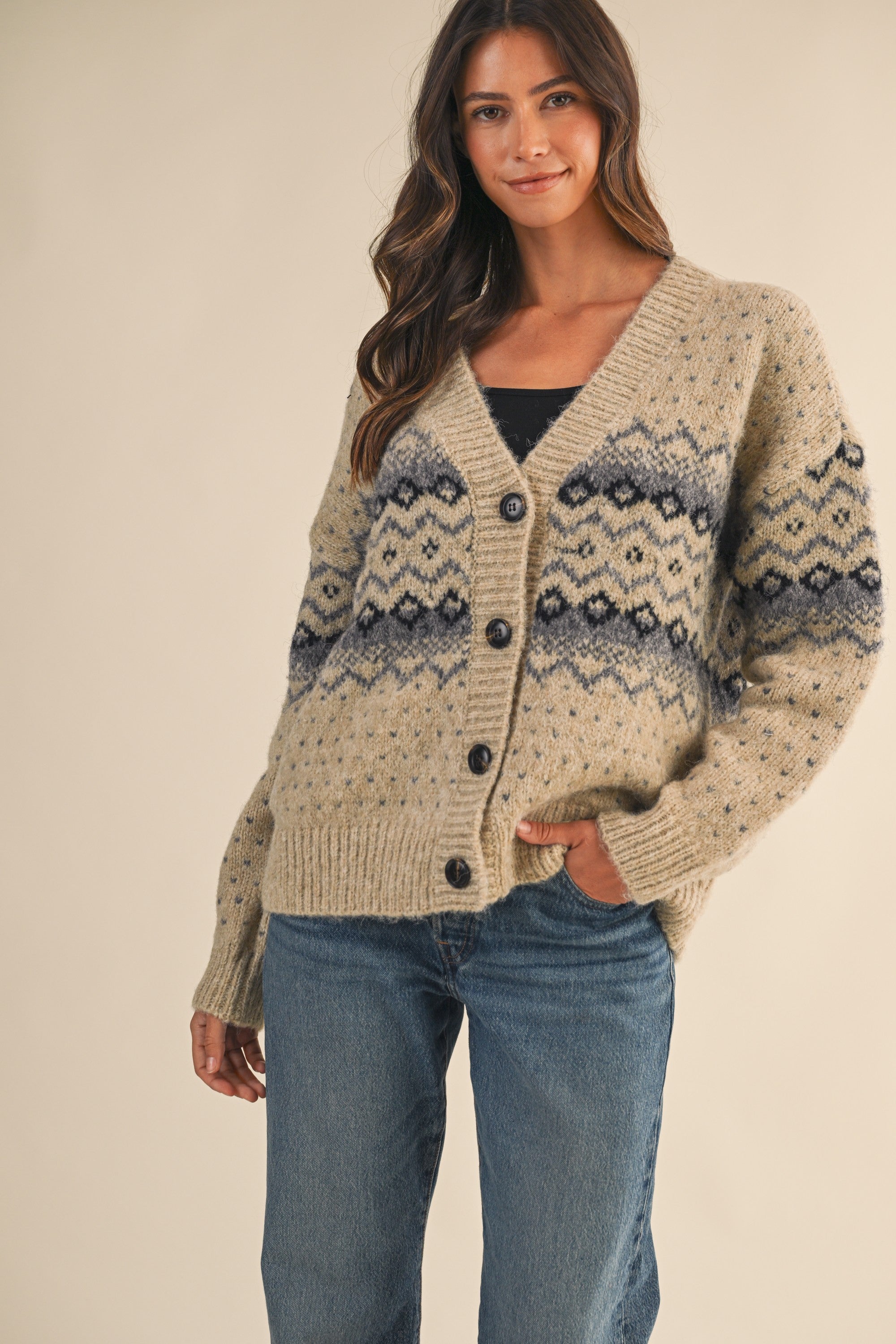 Fair Isle V-Neck Loose Fit Cardigan - Latte FINAL SALE