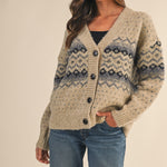 Fair Isle V-Neck Loose Fit Cardigan - Latte
