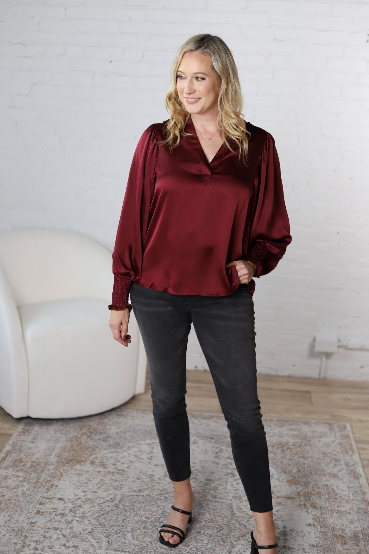 Fallon Balloon Sleeve Blouse - Burgundy