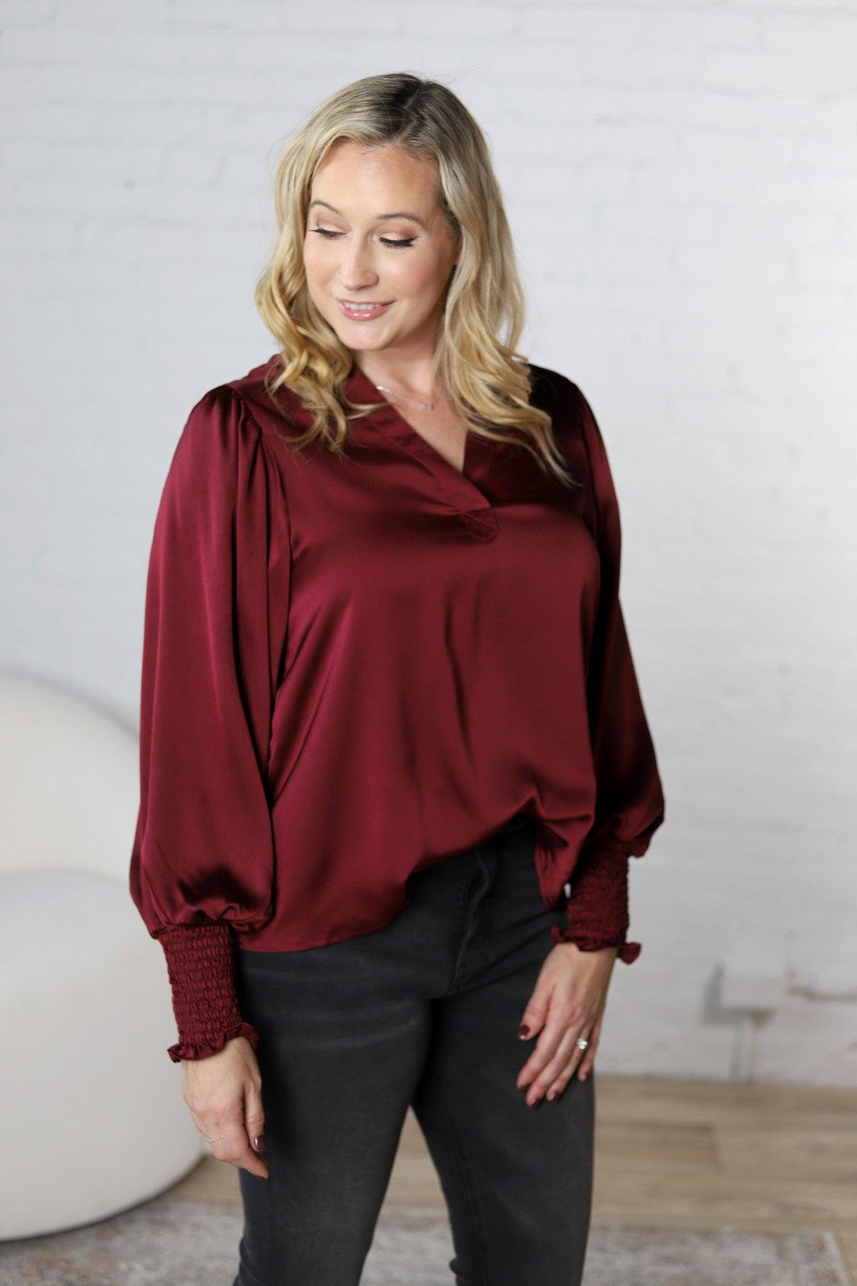 Fallon Balloon Sleeve Blouse - Burgundy - FINAL SALE