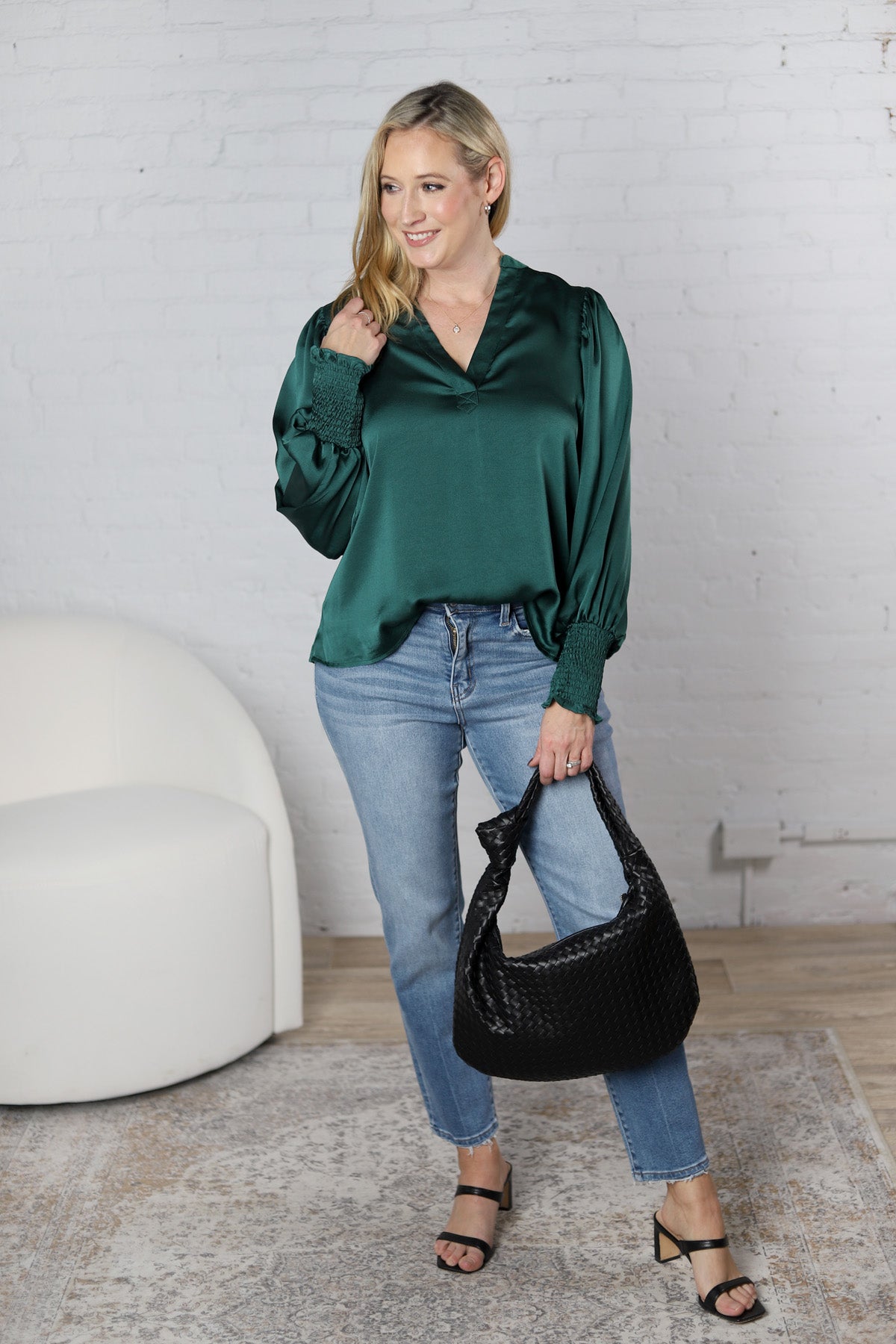 Fallon Balloon Sleeve Blouse - Hunter Green