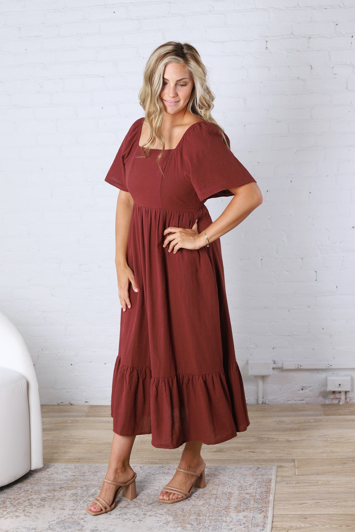 Fallon Gingham Square Neck Dress - Burgundy