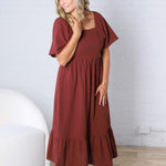 Fallon Gingham Square Neck Dress - Burgundy