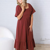 Fallon Gingham Square Neck Dress - Burgundy