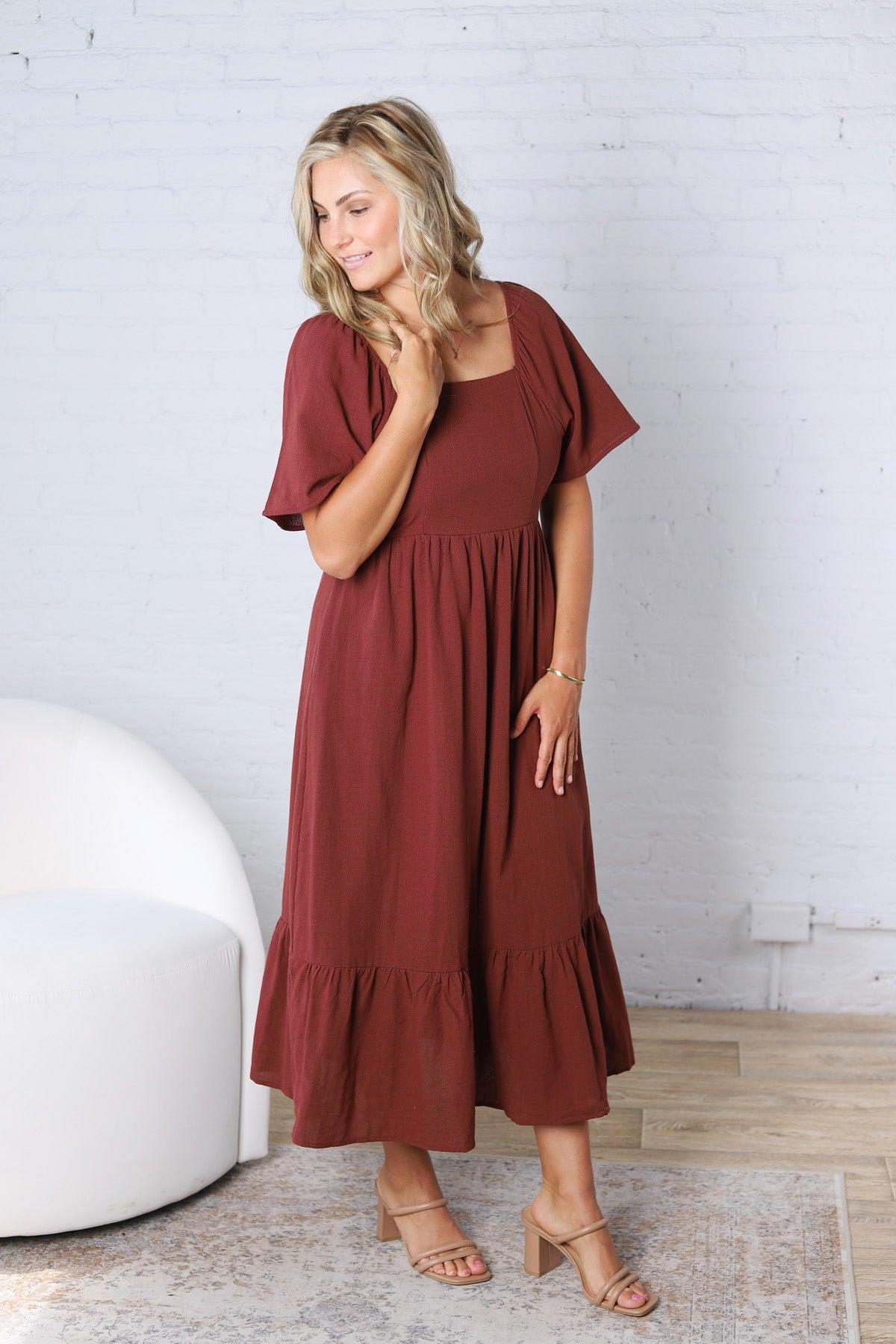 Fallon Gingham Square Neck Dress - Burgundy