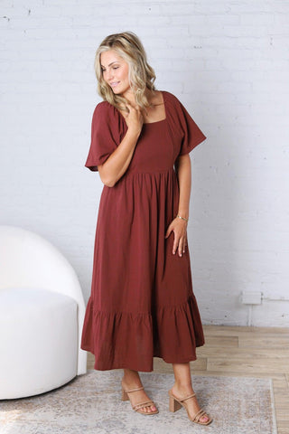 Fallon Gingham Square Neck Dress - Burgundy