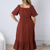 Fallon Gingham Square Neck Dress - Burgundy