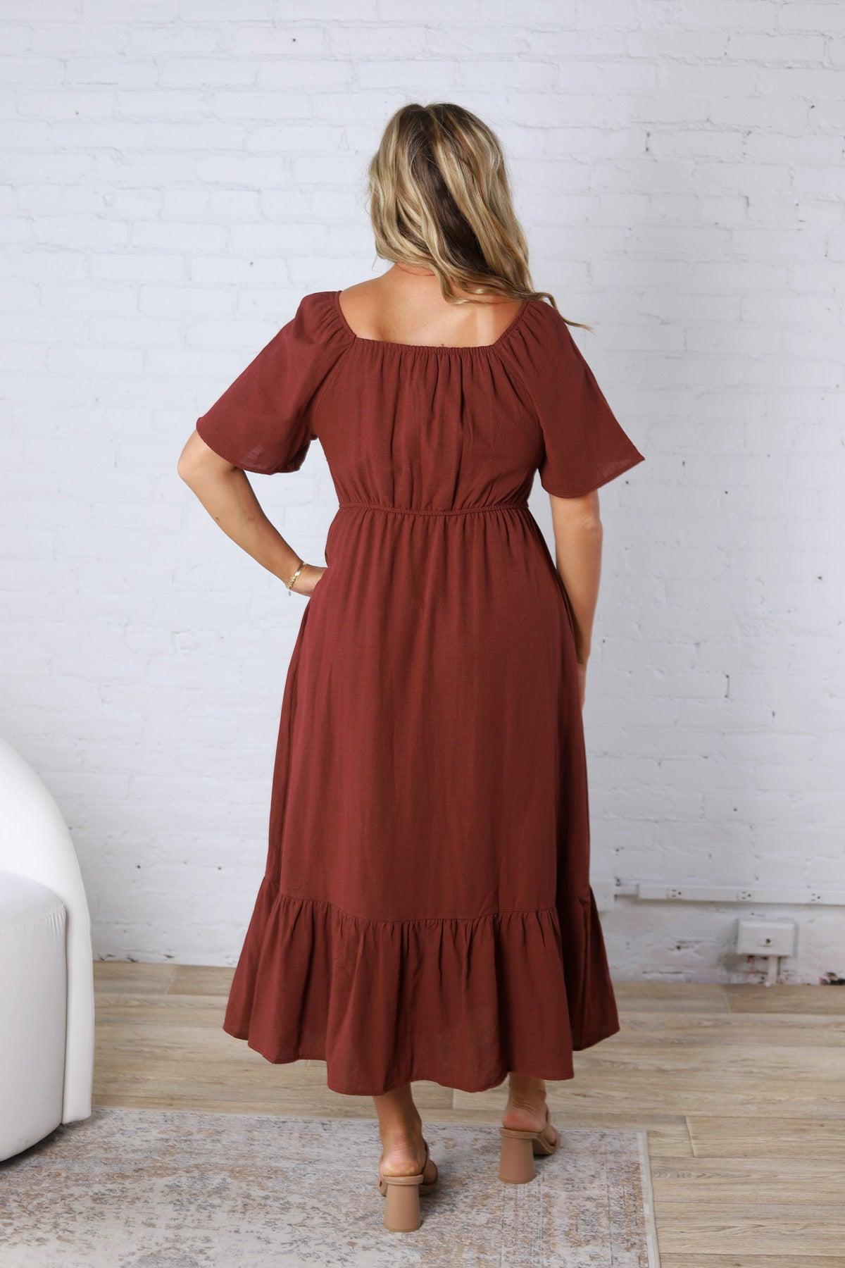 Fallon Gingham Square Neck Dress - Burgundy