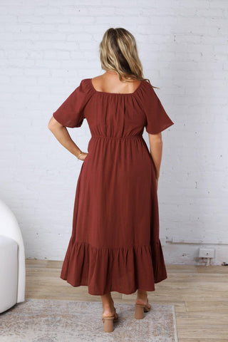 Fallon Gingham Square Neck Dress - Burgundy