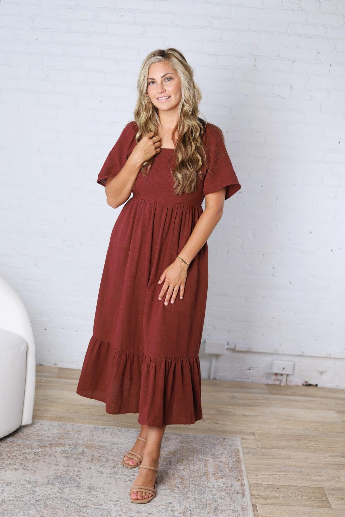 Fallon Gingham Square Neck Dress - Burgundy