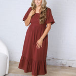 Fallon Gingham Square Neck Dress - Burgundy