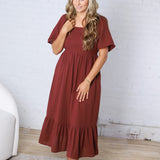 Fallon Gingham Square Neck Dress - Burgundy