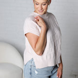 Falon Checker Pattern Round Neck Dolman Sweater Top - Oatmeal