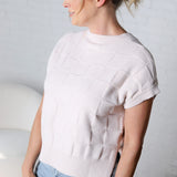 Falon Checker Pattern Round Neck Dolman Sweater Top - Oatmeal