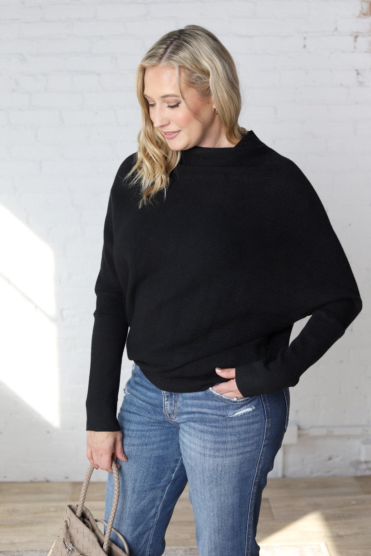 Felicia Slouch Neck Dolman Pullover - Black