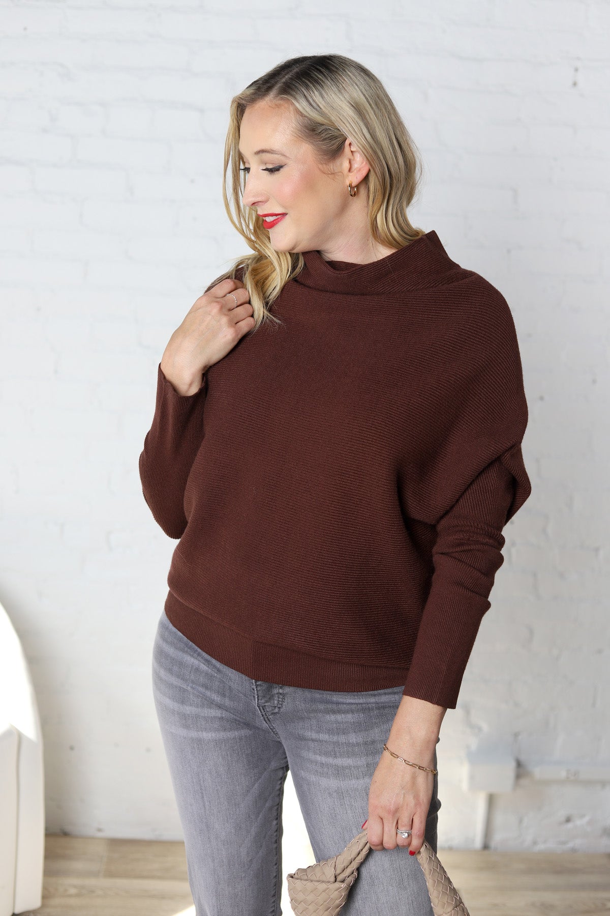 Felicia Slouch Neck Dolman Pullover - Chocolate