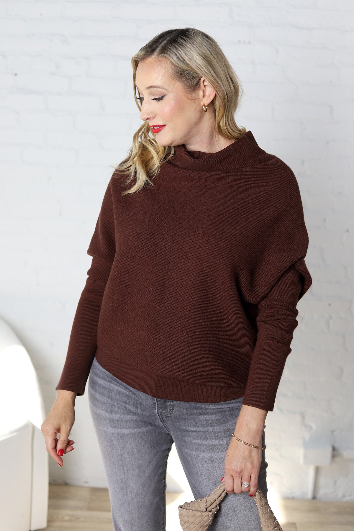 Felicia Slouch Neck Dolman Pullover - Chocolate