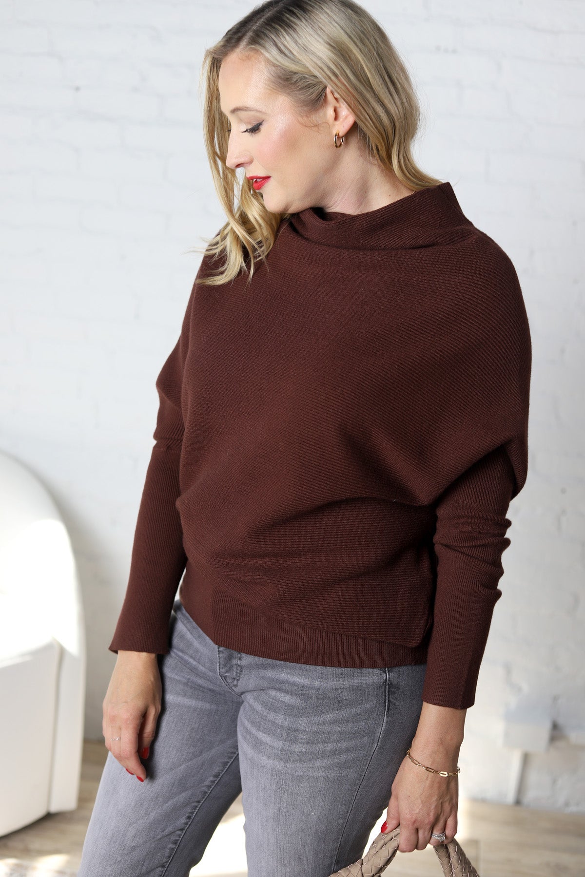 Felicia Slouch Neck Dolman Pullover - Chocolate