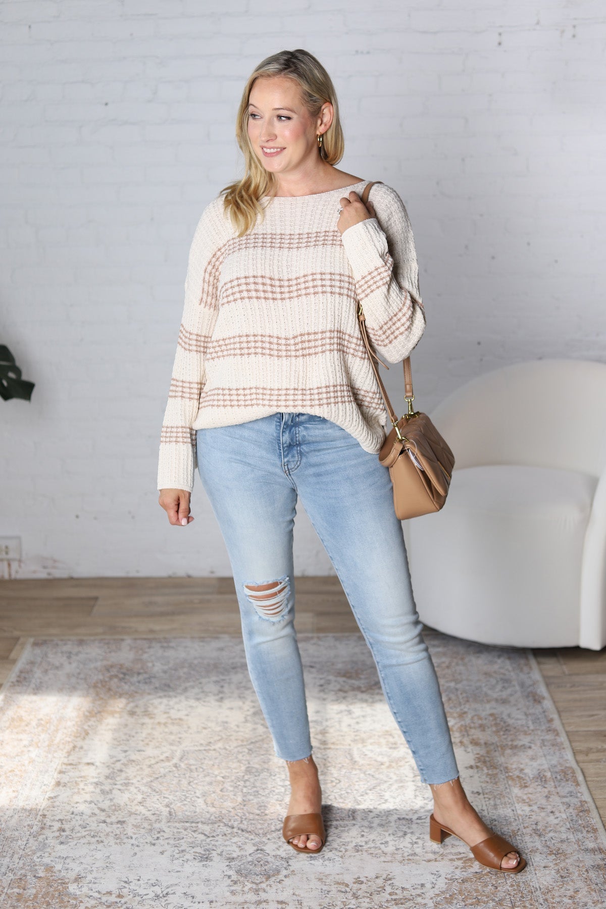 Feona Chunky Knit Striped Sweater - Mocha