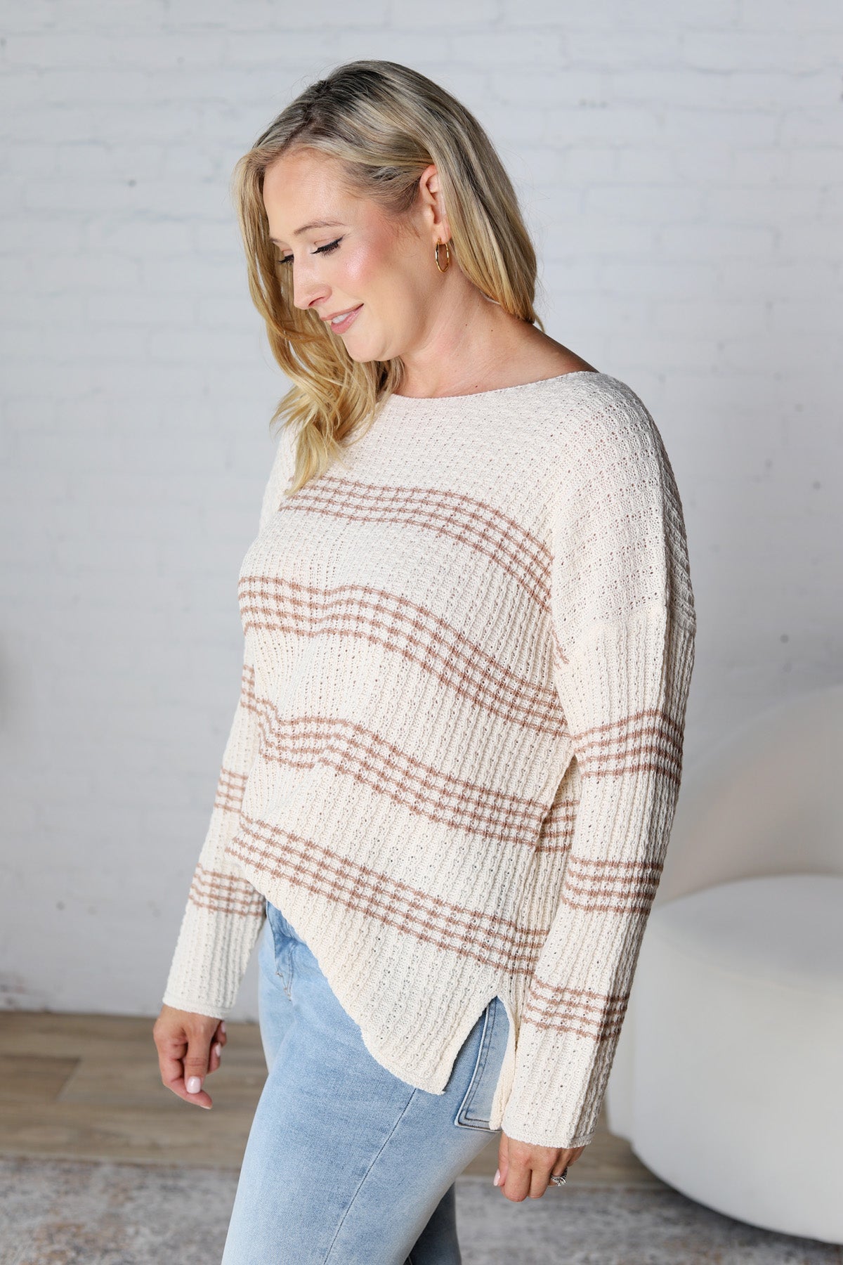 Feona Chunky Knit Striped Sweater - Mocha