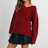 Finlee V-Neck Cable Knit Sweater - Burgundy