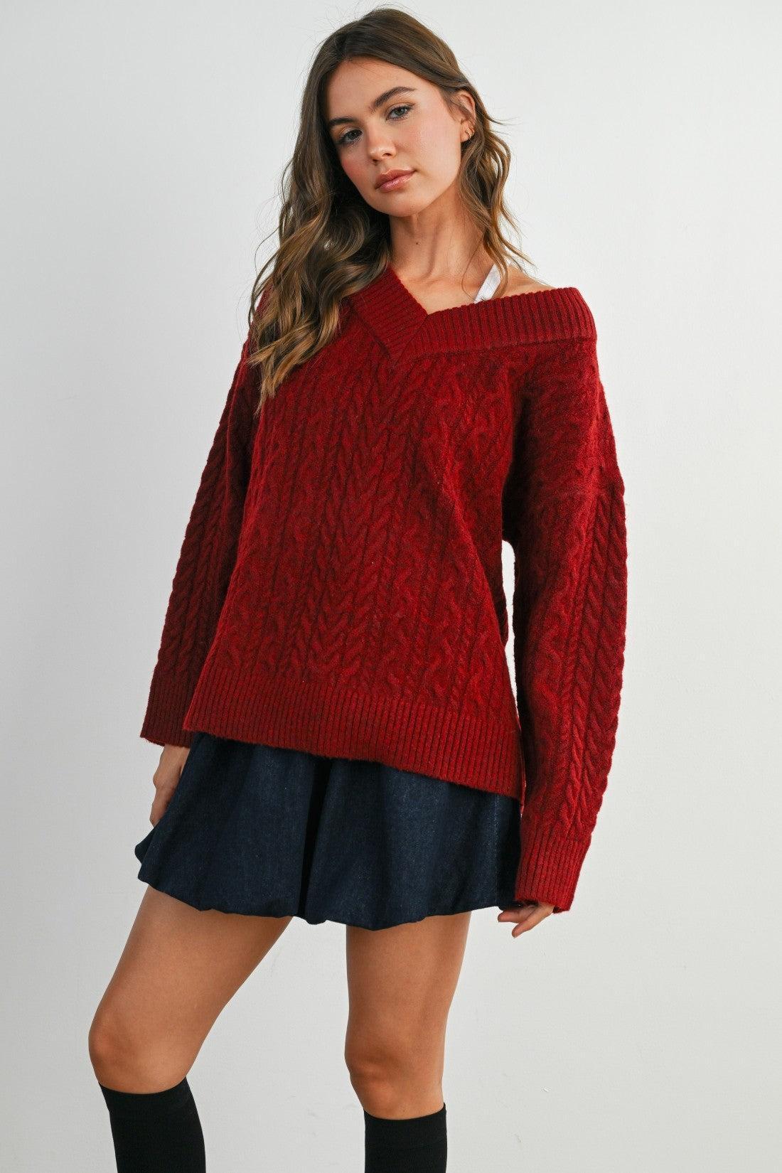 Finlee V-Neck Cable Knit Sweater - Burgundy