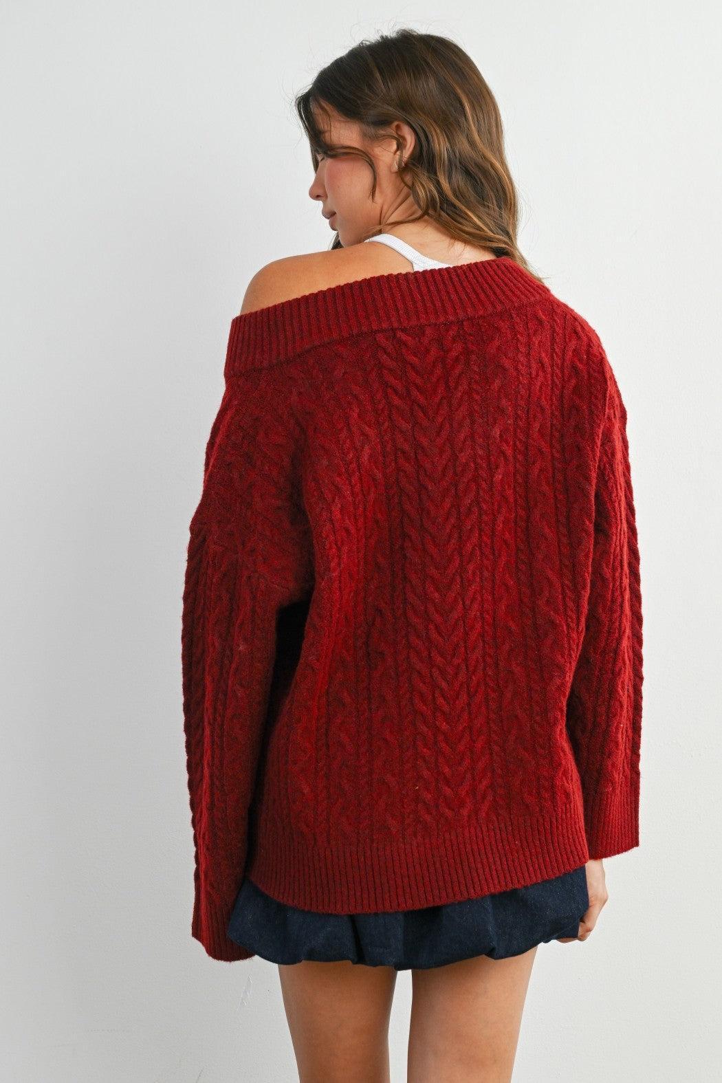 Finlee V-Neck Cable Knit Sweater - Burgundy
