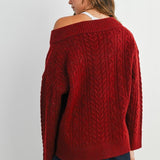Finlee V-Neck Cable Knit Sweater - Burgundy