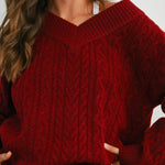 Finlee V-Neck Cable Knit Sweater - Burgundy