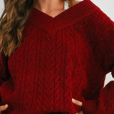Finlee V-Neck Cable Knit Sweater - Burgundy