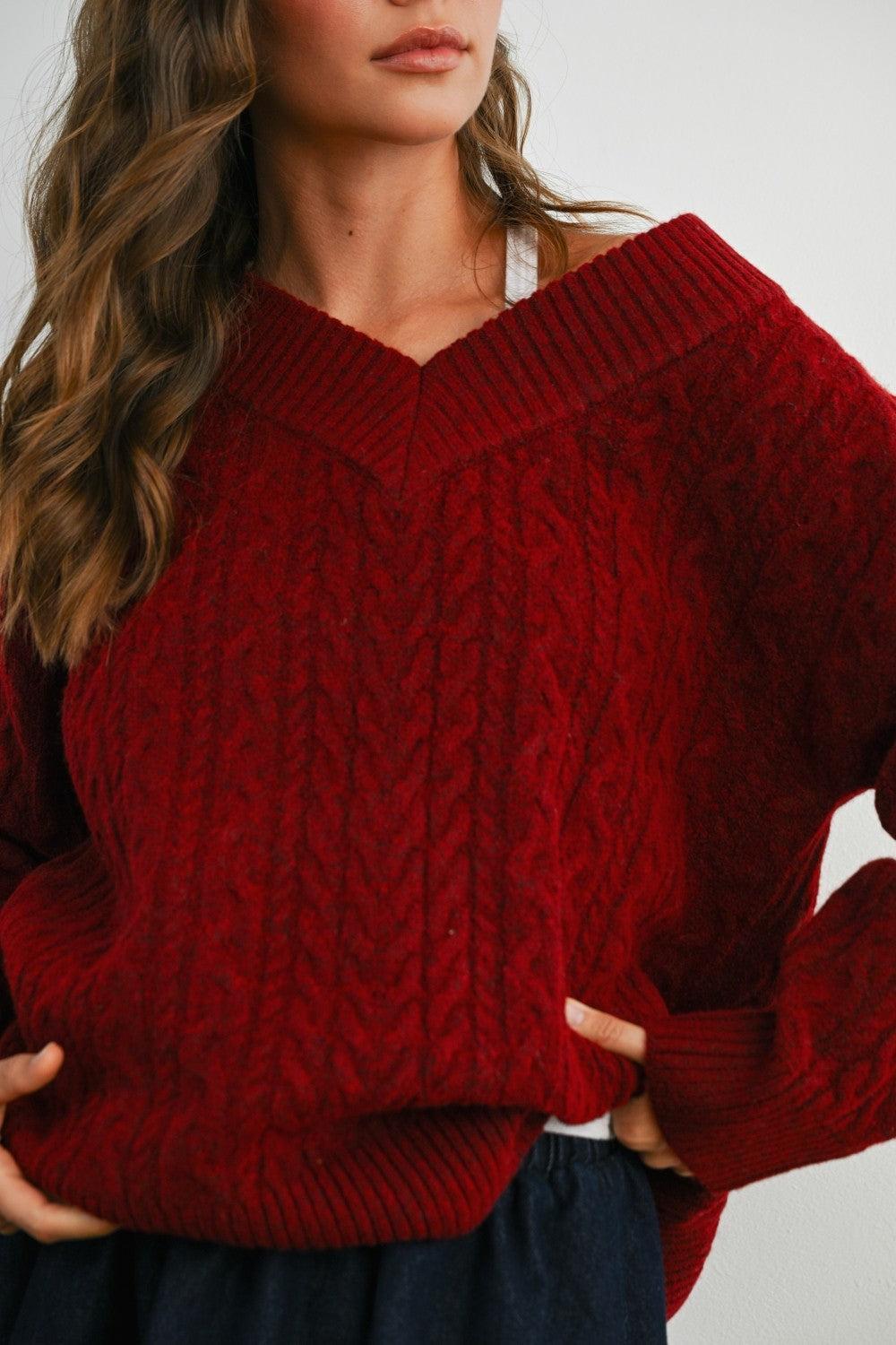 Finlee V-Neck Cable Knit Sweater - Burgundy FINAL SALE