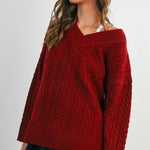 Finlee V-Neck Cable Knit Sweater - Burgundy