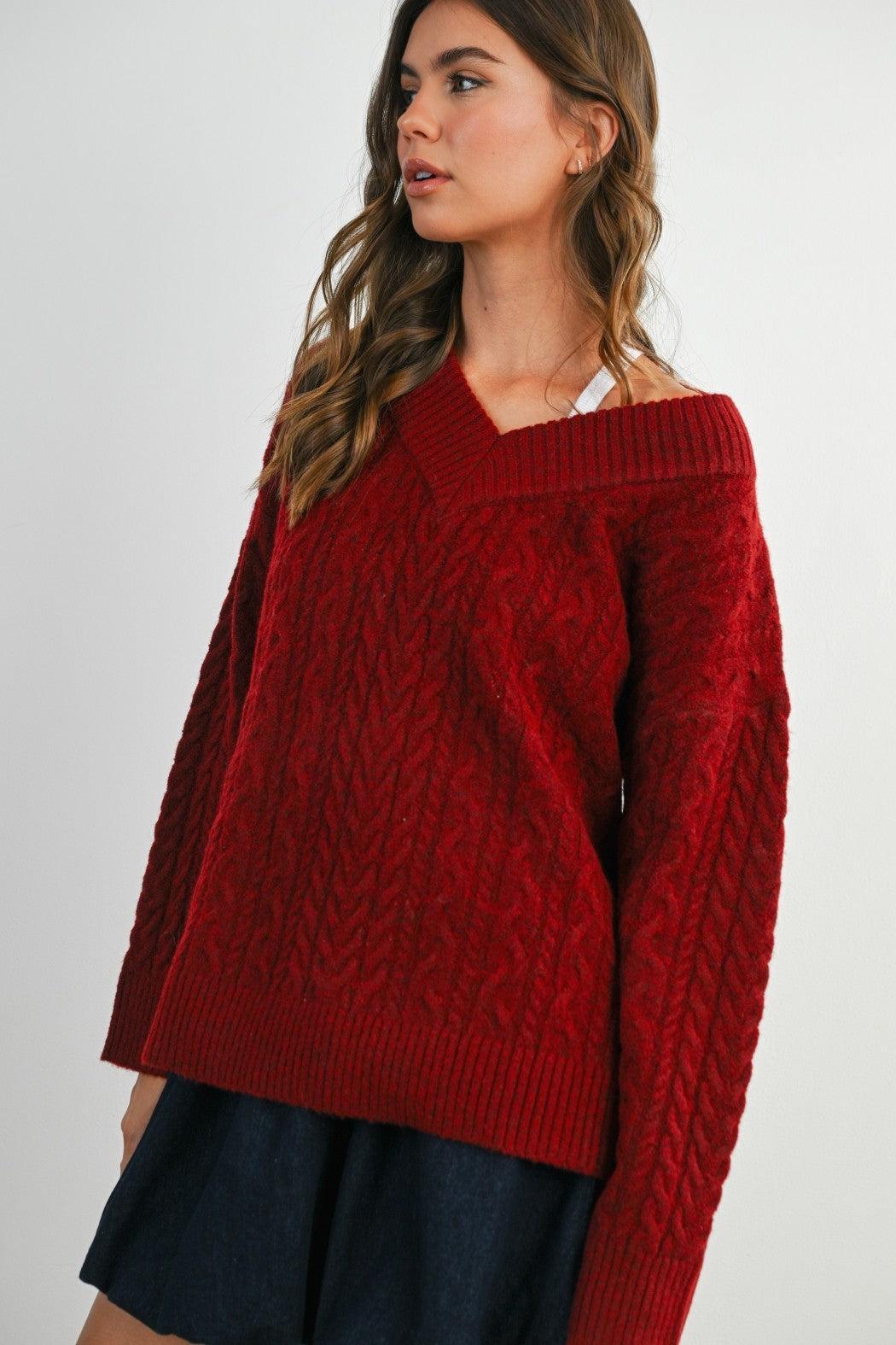 Finlee V-Neck Cable Knit Sweater - Burgundy