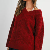 Finlee V-Neck Cable Knit Sweater - Burgundy