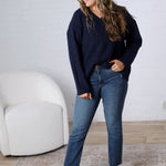 Finlee V-Neck Cable Knit Sweater - Navy