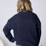 Finlee V-Neck Cable Knit Sweater - Navy