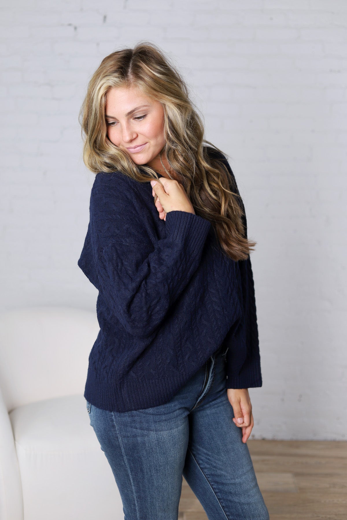 Finlee V-Neck Cable Knit Sweater - Navy FINAL SALE