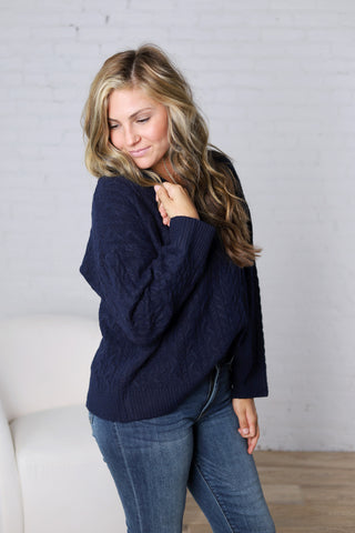 Finlee V-Neck Cable Knit Sweater - Navy FINAL SALE