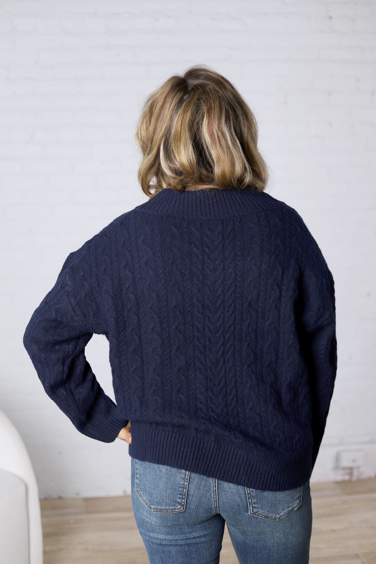 Finlee V-Neck Cable Knit Sweater - Navy FINAL SALE