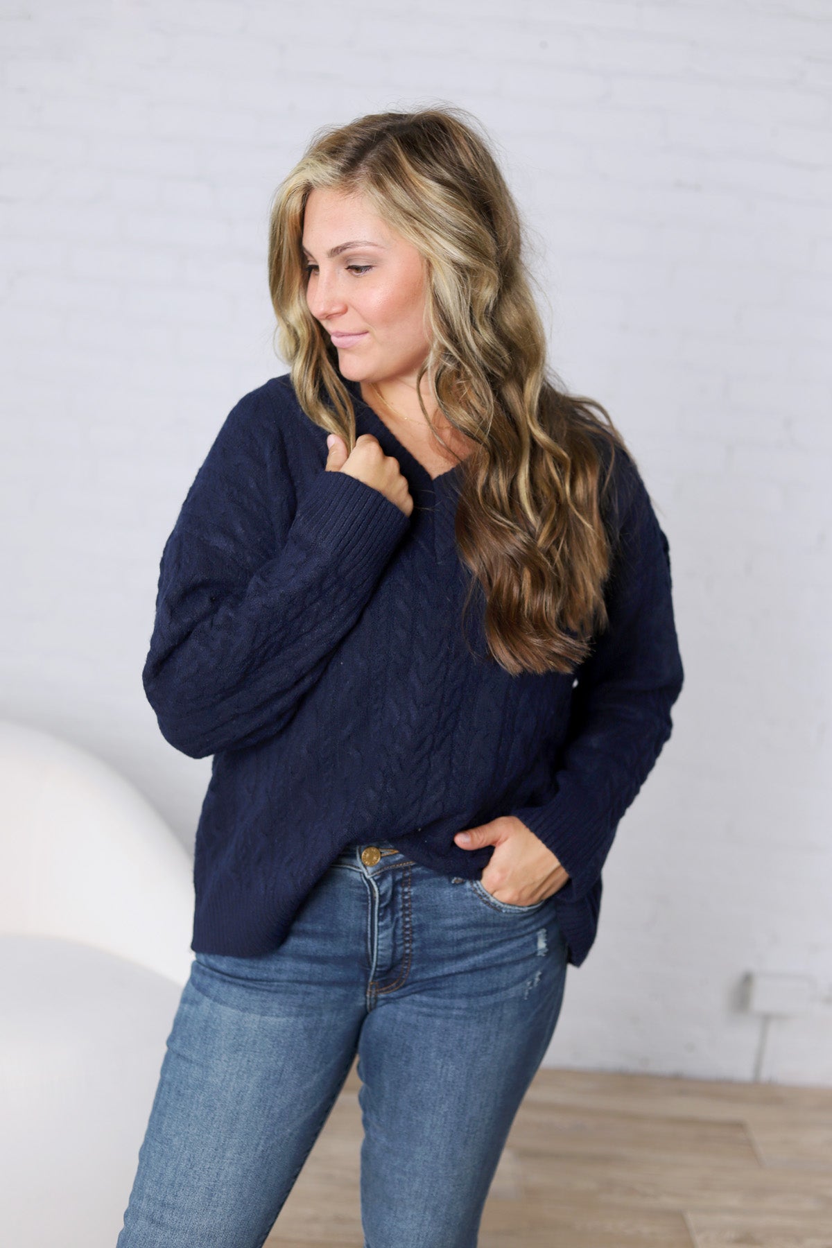 Finlee V-Neck Cable Knit Sweater - Navy FINAL SALE