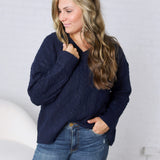 Finlee V-Neck Cable Knit Sweater - Navy