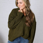 Finlee V-Neck Cable Knit Sweater - Olive
